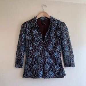 VTG Brown and Teal Lace Overlay Babydoll Blouse Size M 3/4 Length Sleeves